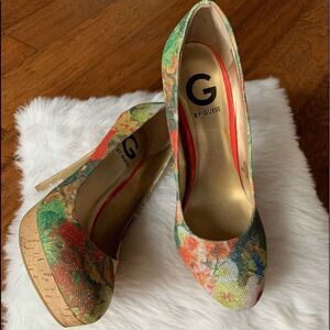 G‎ by Guess Shimmer Floral Print Cork Formal Heels